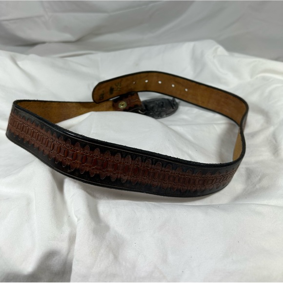 Vintage Bergamot Brass Works 1983 SALOON cowboys belt buckle and brown belt 34 - Picture 8 of 14